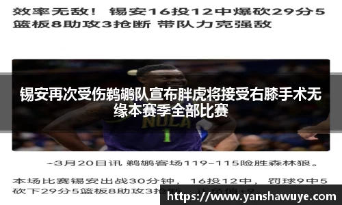 锡安再次受伤鹈鹕队宣布胖虎将接受右膝手术无缘本赛季全部比赛